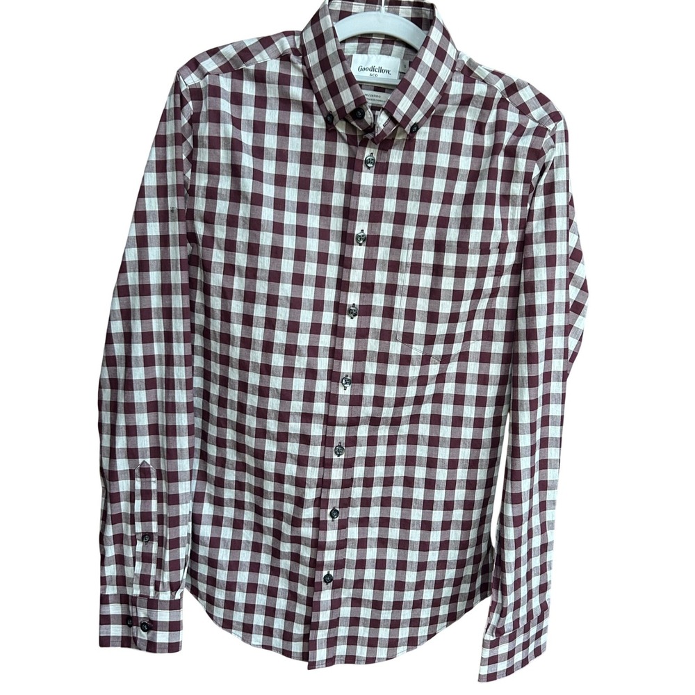 Goodfellow & Co Mens Slim Fit Gingham Button Down Shirt Burgundy White Size S
